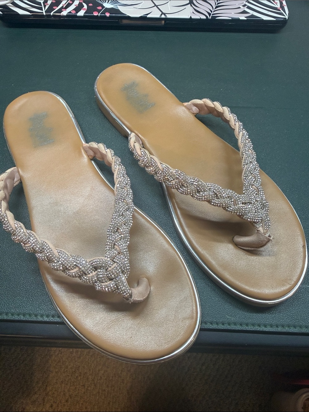 Braided Beaded Toe-Post Sandals in Beige